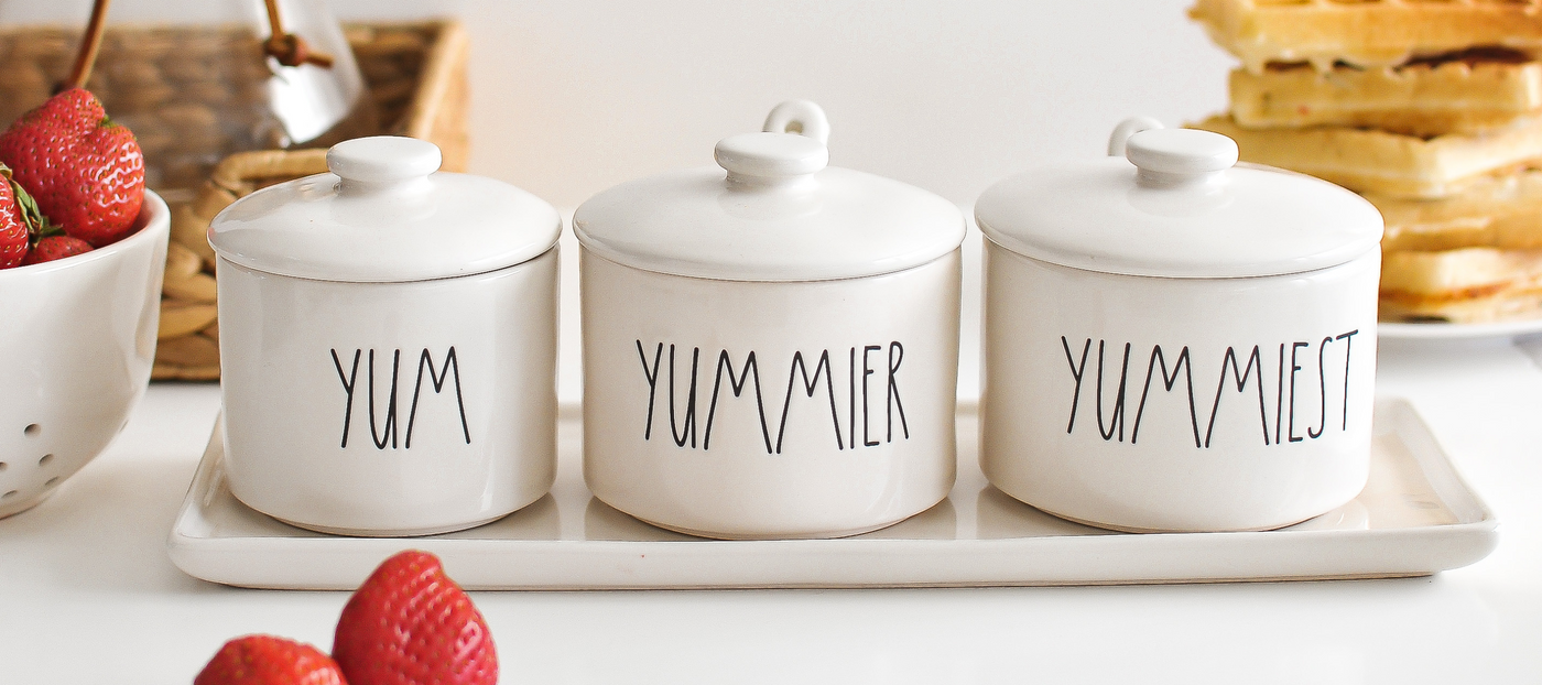 New Rae Dunn Artisan. Yum, Yummier and Yummiest Ceramic Jars