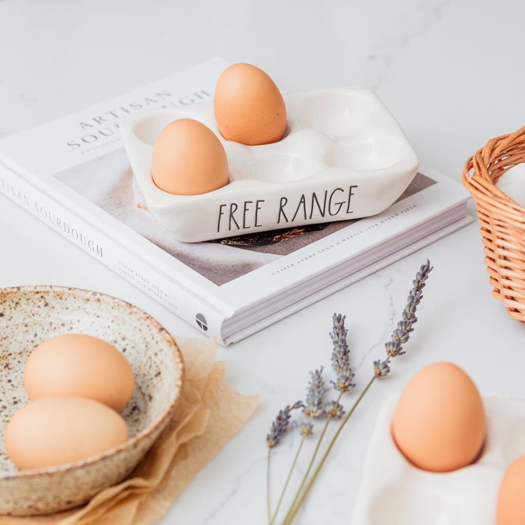 Rae Dunn by Magenta Stoneware Egg Trays - Set of 2 Farmhouse Style Egg Holders Fit 12 Eggs, Hand Lettered Farm Fresh and Free Range