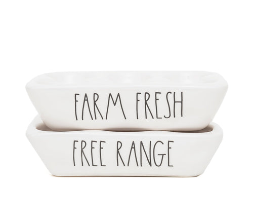 Rae Dunn Artisan "FARM FRESH" and "FREE RANGE" Egg Tray, Set of 2