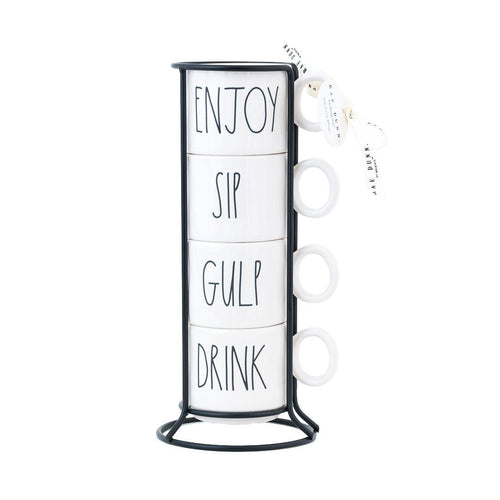 Rae Dunn Artisan Stacking Espresso Mugs with Wire Rack, Set of 4