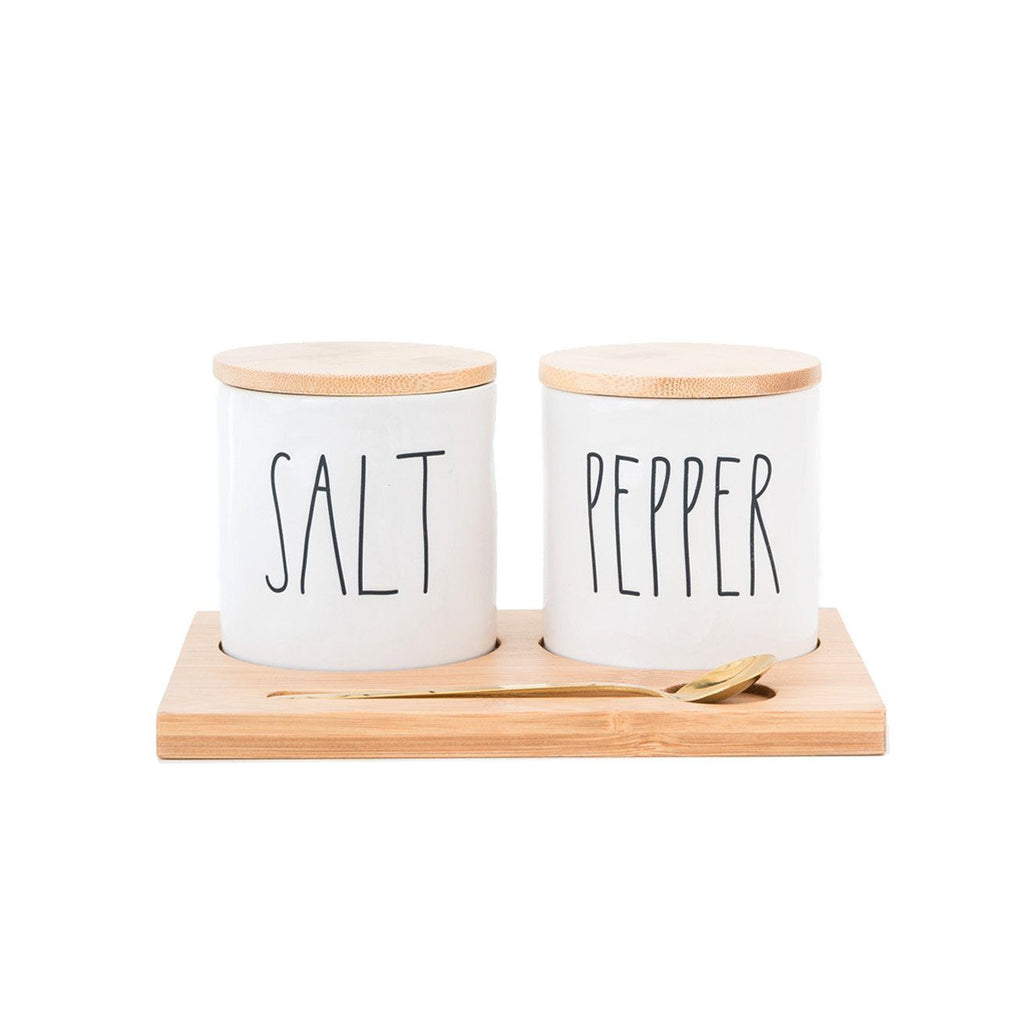 Rae Dunn Artisan Salt + Pepper Cellars With Bamboo Tray and Brass