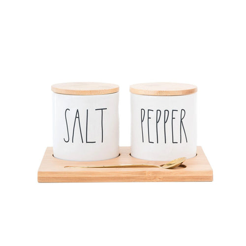 Rae Dunn Artisan Salt + Pepper Cellars With Bamboo Tray and Brass Spoon