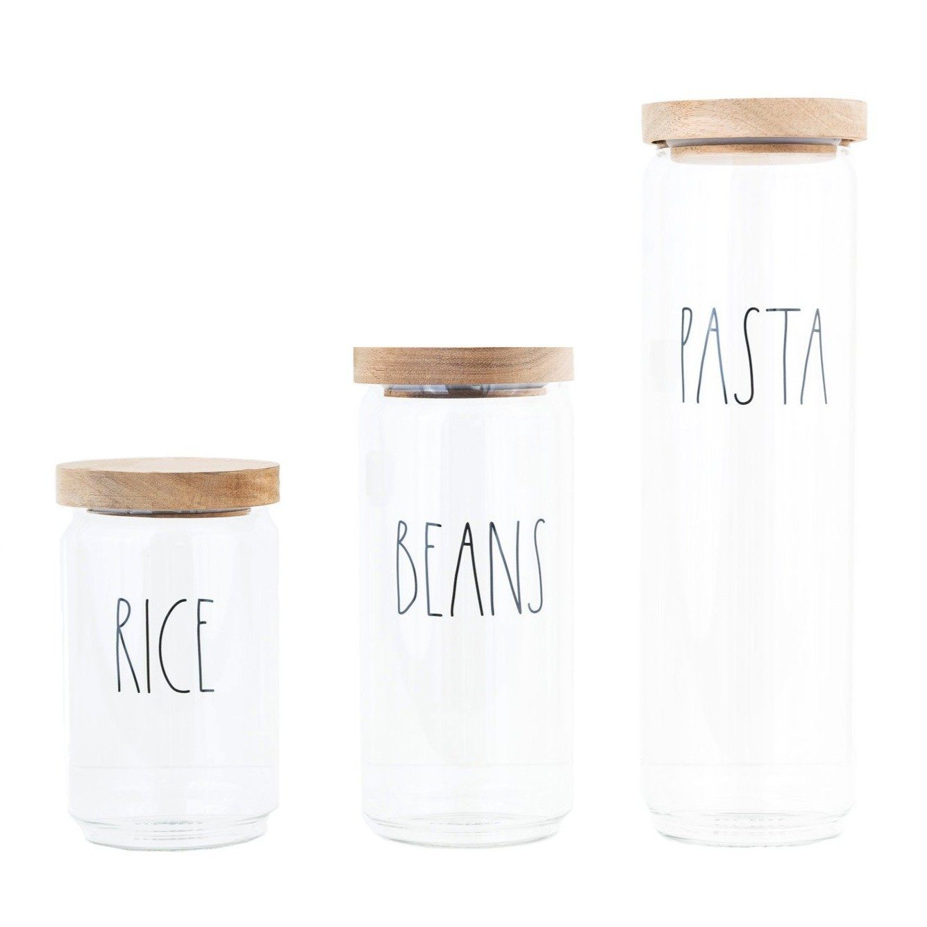 Rae Dunn Artisan Borosilicate Glass BEANS, RICE, PASTA Canisters, Set of 3